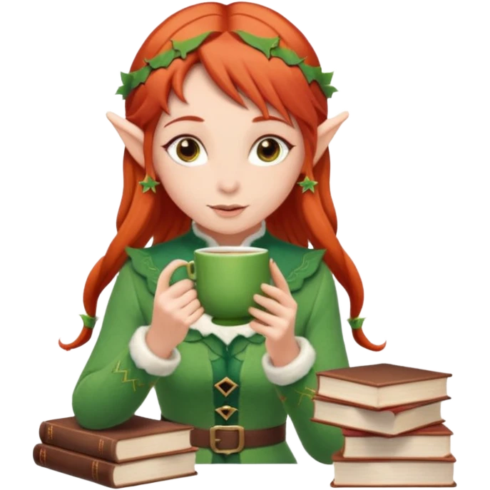 Red hair elf-like girl sipping tea with a stack of books beside her  emoji