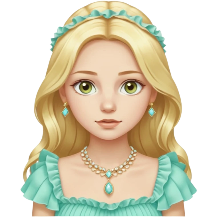 Slavic girl with peachy pale skin, long straight-wavy light golden yellow blonde hair, light hazel green eyes, wearing a fancy ruffle pastel icy aqua top and expensive light gold jewelry emoji