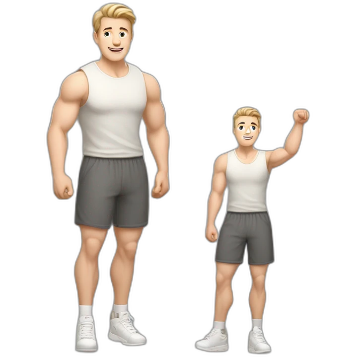 Full height Actively gesturing with hands Pale skinned Fit Man With the biceps and light brown hair with Bristle in dark gray Sleeveless Mike, beige oversize sports shorts and white Sneakers emoji