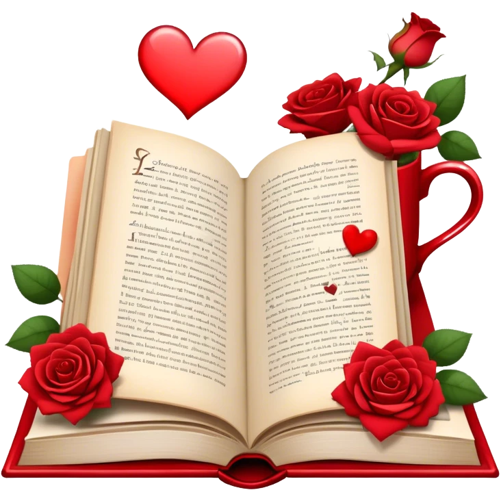Icon for Romance Reading: an open book with a heart-shaped bookmark, surrounded by roses, a love letter, and a cup of tea, with small hearts and Cupid with bow and arrows flying out of the pages. Transparent background. emoji
