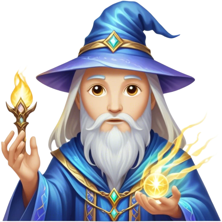 A luminescent enchanted Wizard, his ethereal presence shimmering with otherworldly energy, each detail radiating with mystical power and ancient wisdom. The image is vivid and captivating, drawing viewers into a mesmerizing realm of fantasy and magic. emoji
