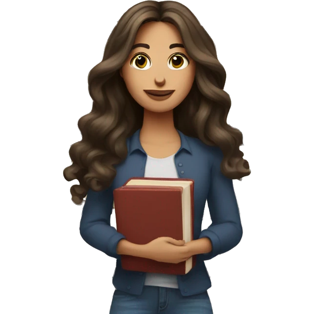 brunette long wavy hair beautiful woman while holding stack of books emoji