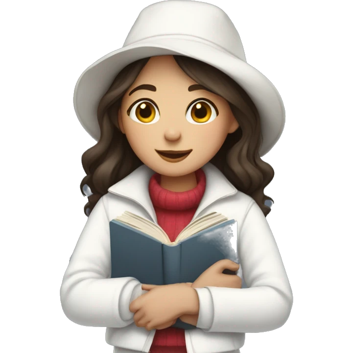 brunette girl in a white jacket in a white hat hugs a book emoji