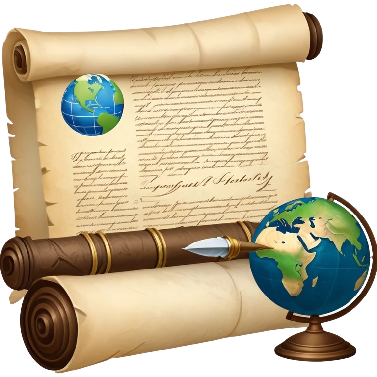 An icon featuring an ancient scroll, a quill pen, and a globe, symbolizing the study of history. The design includes a timeline with significant historical events, with ruins in the background to evoke past civilizations. Transparent background emphasizes the exploration of human history emoji