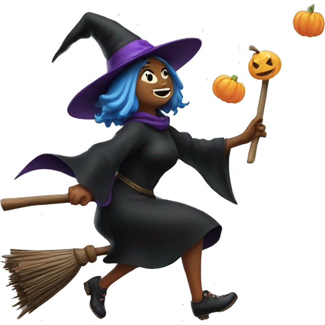 witch, flying to the left on a broom, throwing candy. emoji