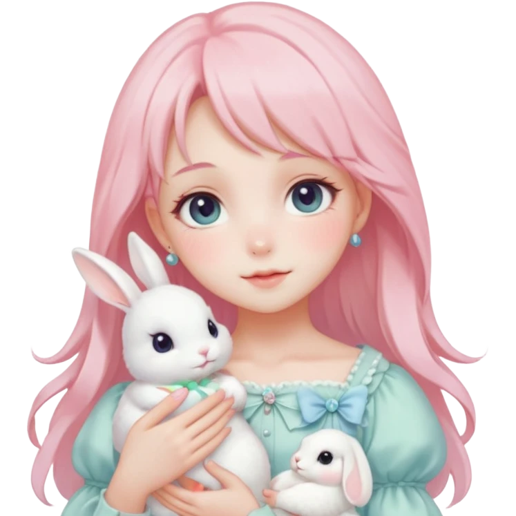 Gorgeous pastel anime style lady with blushing face and holding a bunny cottagecore fairycore pastelcore colorful pearly romantic simplistic aesthetic trending style emoji