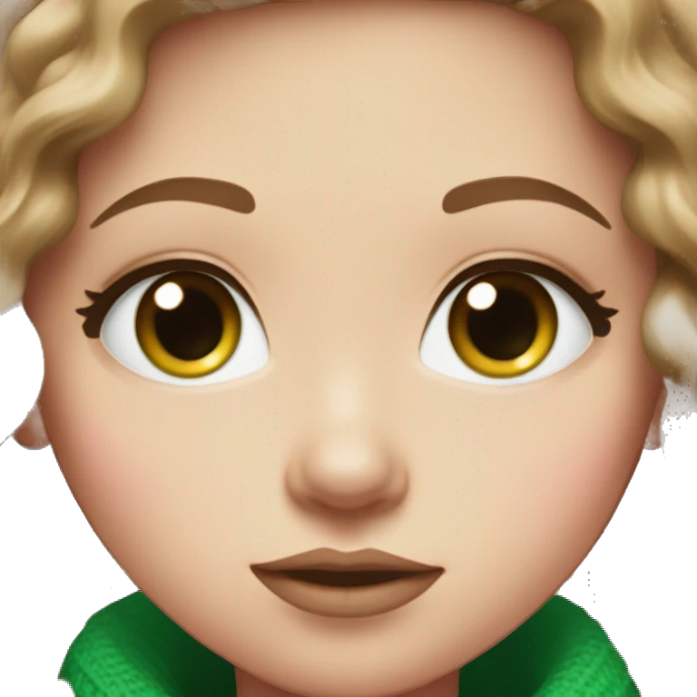 White girl with brown long curled hair and green eyes and a pink sweater big lips red emoji