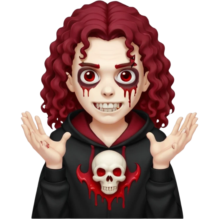 Vampire wearing a black hoodie with a skull logo on it, long curly hair that covers the forehead, fanged teeth and blood on hands emoji