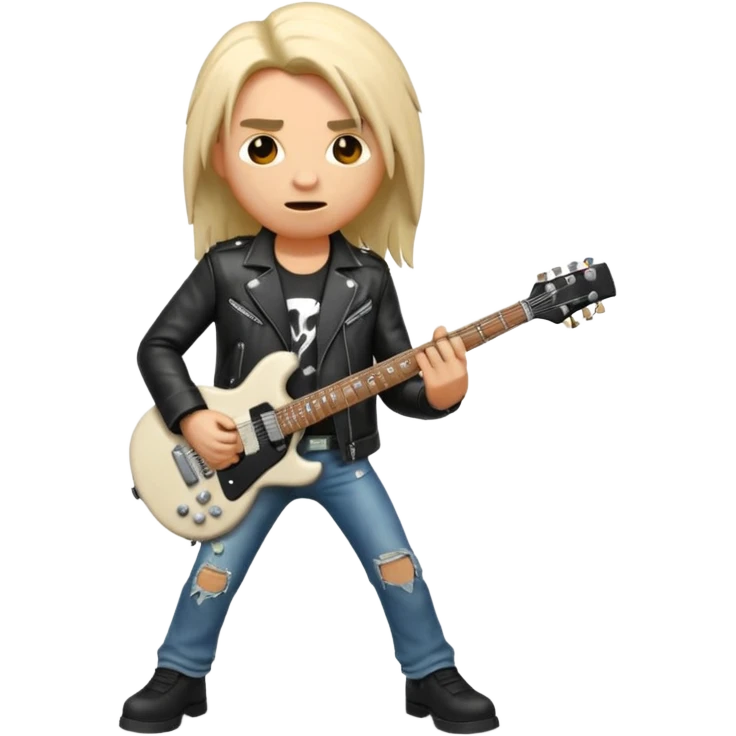 3D Apple-style emoji of a metal musician holding an electric guitar with a bold "ROCK" sign above. Long hair, black leather jacket, ripped jeans, intense expression. Rounded, glossy, smooth, soft shadows, white background.











 emoji