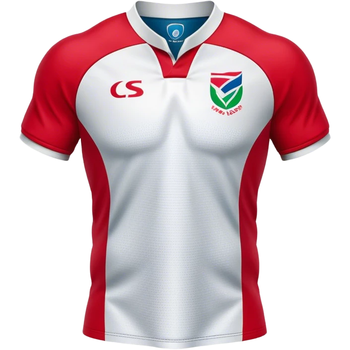 Cinematic Realistic image of a rugby jersey rendered in bold, dynamic team colors with intricately detailed fabric textures and natural creases, illuminated by dramatic stadium lighting emoji
