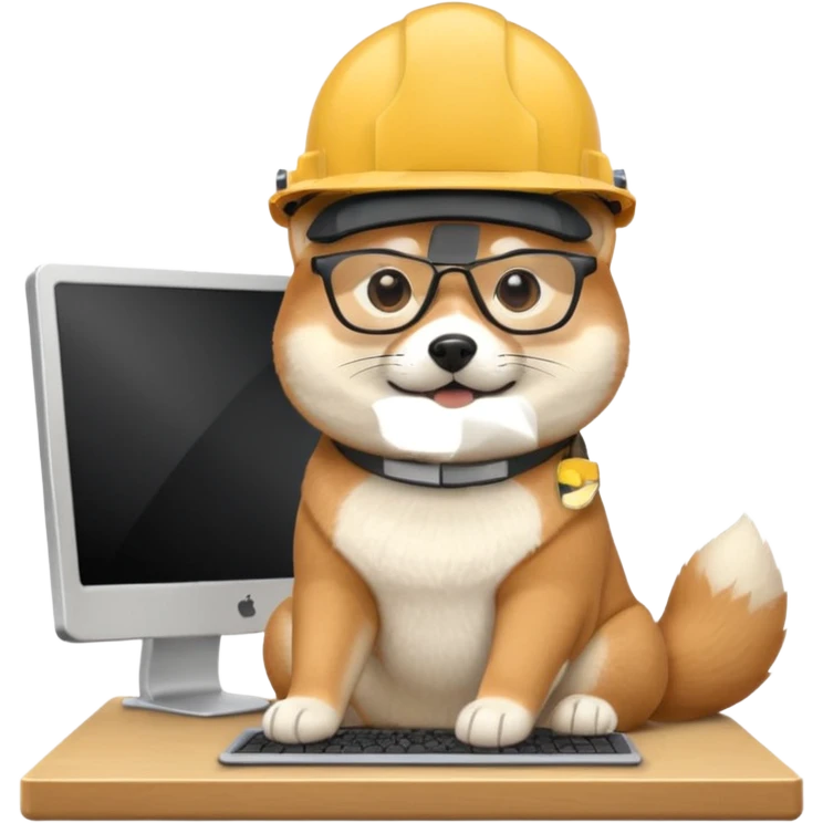 shiba inu with eye glasses and computer wearing a hard hat emoji