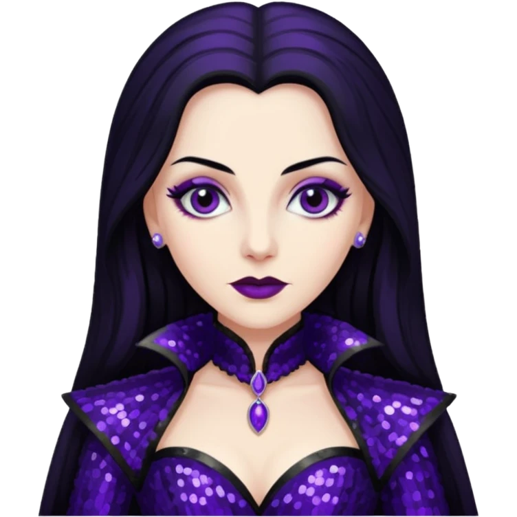 Countess Dracula from Universal Monsters with long jet black hair, dark purple sequin outfit  emoji