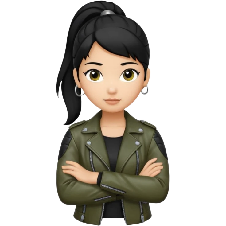 A girl with a pony tail black hair and olive ish skin, Asian eyes, with a black jacket and a black purse with arms crossed  emoji