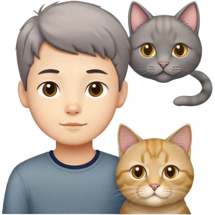 Chinese boy with a grey shorthair cat and a British longhair golden cat emoji