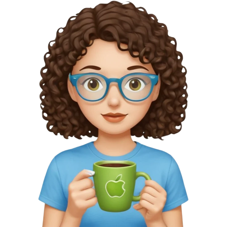 White girl with dark brown curly hair, brown eyes, sky blue glasses, apple green t shirt, drinking coffee emoji