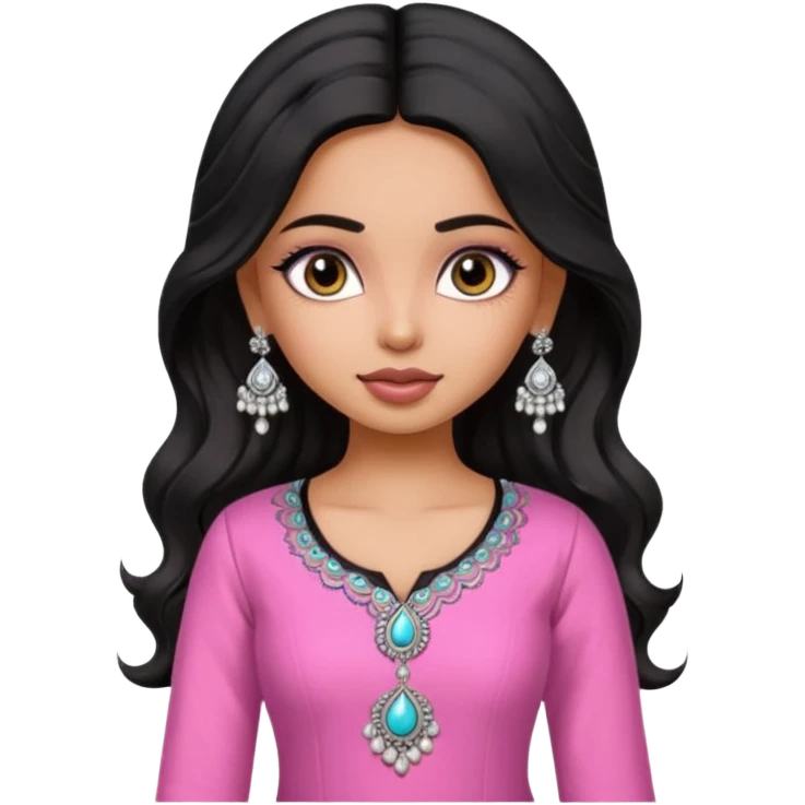 a pretty bratz fair indian girl wearing a pink kurti,  Silver jhumkas, black wavy hair emoji