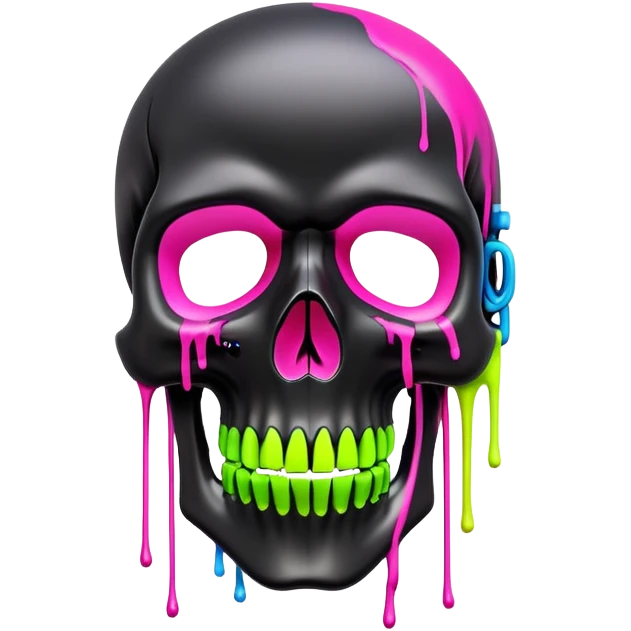 sleek black skull with vibrant neon graffiti tags and famous luxury brand logos spray painted, front view emoji