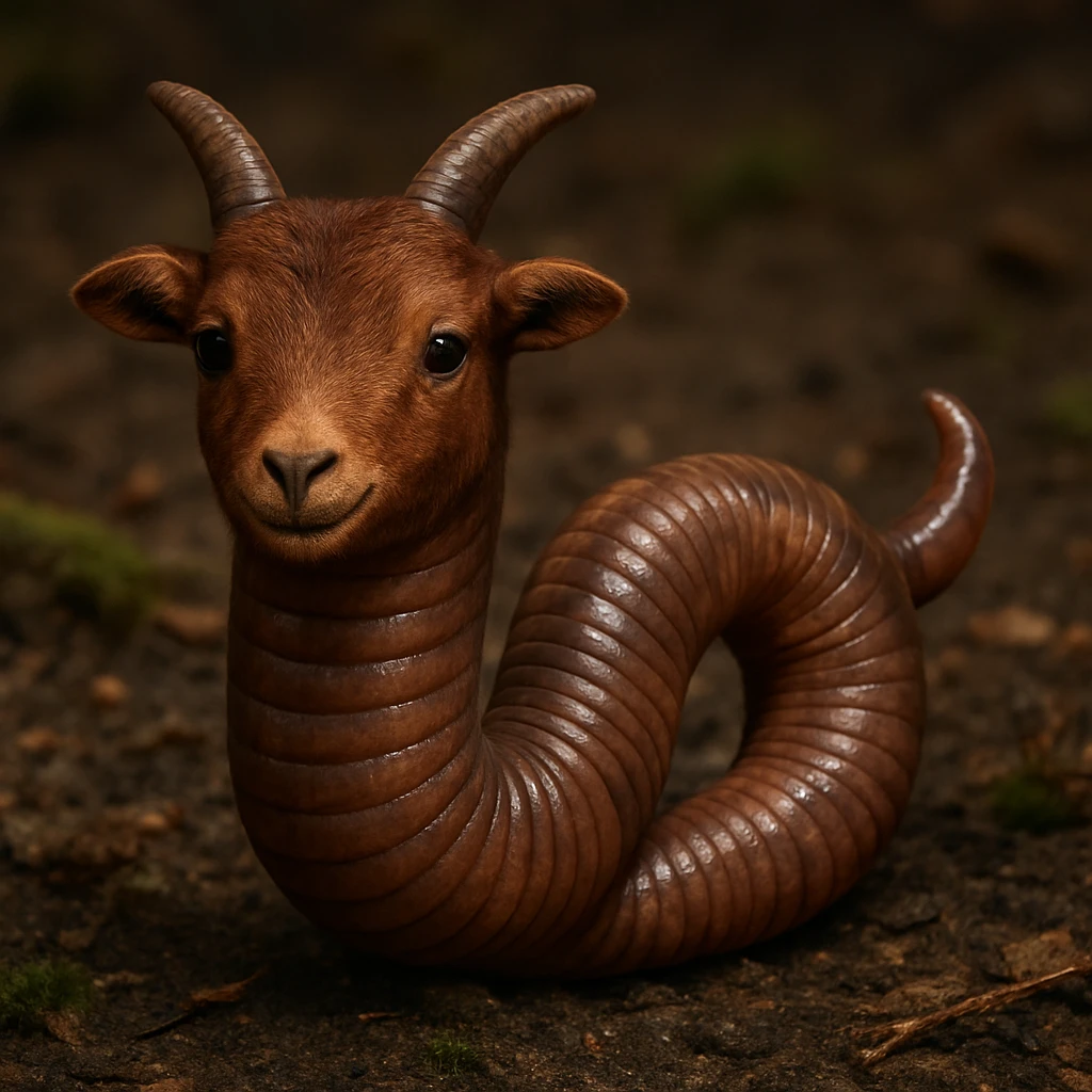 Make this goat-worm hybrid more realistic with a worm body featuring goat's horns and tail, realistic textures, and natural colors. No cartoon outlines. Render in photorealistic style. emoji