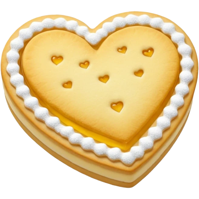 Realistic shortbread cookie in the shape of a heart with color of lemon jelly middle filling and sprinkled powder sugar on top. emoji