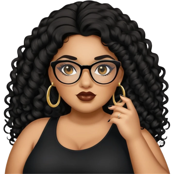 big plus size, latina, darker tan skin, long black curly hair, baddie,pretty, makeup, lipgloss, black eyeliner, long hair, small gold earrings, black top, black glasses emoji