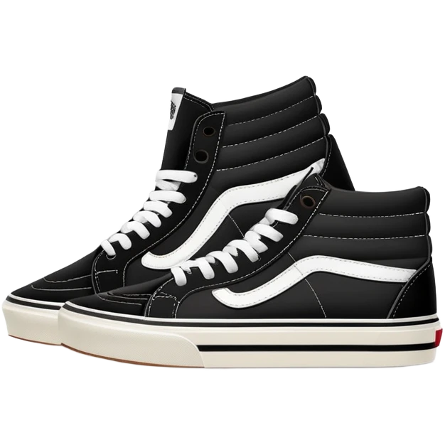 Minimalist iOS-style emoji of a pair of black Vans Sk8-Hi sneakers, one behind the other, simplified flat design, clean lines, minimal details but with white side stripe emoji