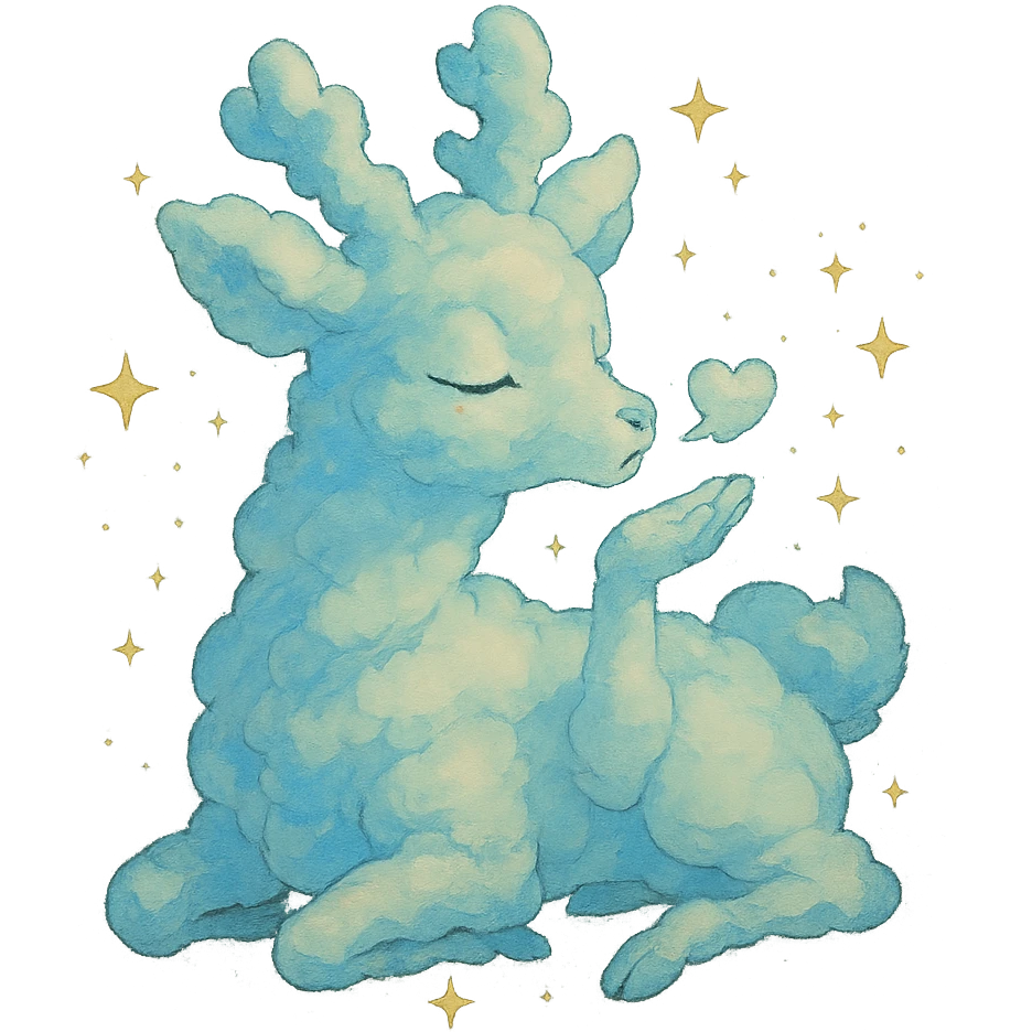 dreamy Ghibli-style cloud doe with sparkles blowing a kiss emoji