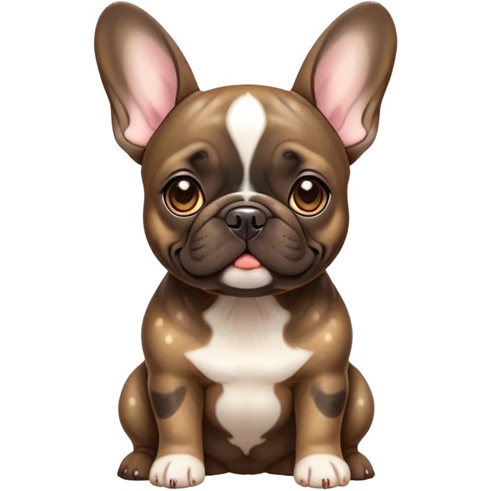 Cinematic Cute Brindle French Bulldog Portrait Emoji, Head tilted playfully and inquisitively, featuring a glossy brindle coat with a smooth texture and delicate fawn highlights, round, sparkling dark eyes filled with curiosity, Simplified yet irresistibly adorable features, highly detailed, glowing with a warm, friendly glow, high shine, affectionate and lively, stylized with a touch of whimsy, bright and endearing, soft glowing outline, capturing the essence of a mischievous yet loving companion, so playful it feels like it could prance out of the screen and into your arms! emoji