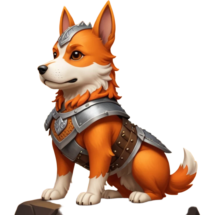 valorous Viking dog in Valhalla, detailed armor, heroic pose, glowing sky emoji