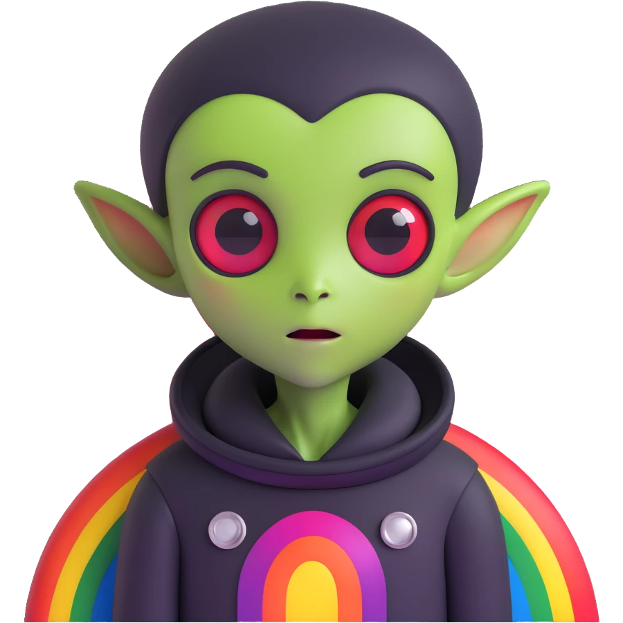 gay EMO alien with expressive features, rainbow accents, dark clothing, vibrant and moody scene conveying LGBTQ+ pride and emo subculture, dark red background emoji