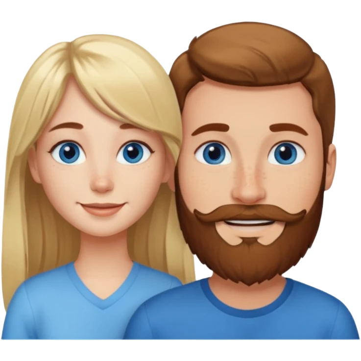 Woman with blue eyes and long blond hair and a bang in love with brown hait man with beard and freckles emoji