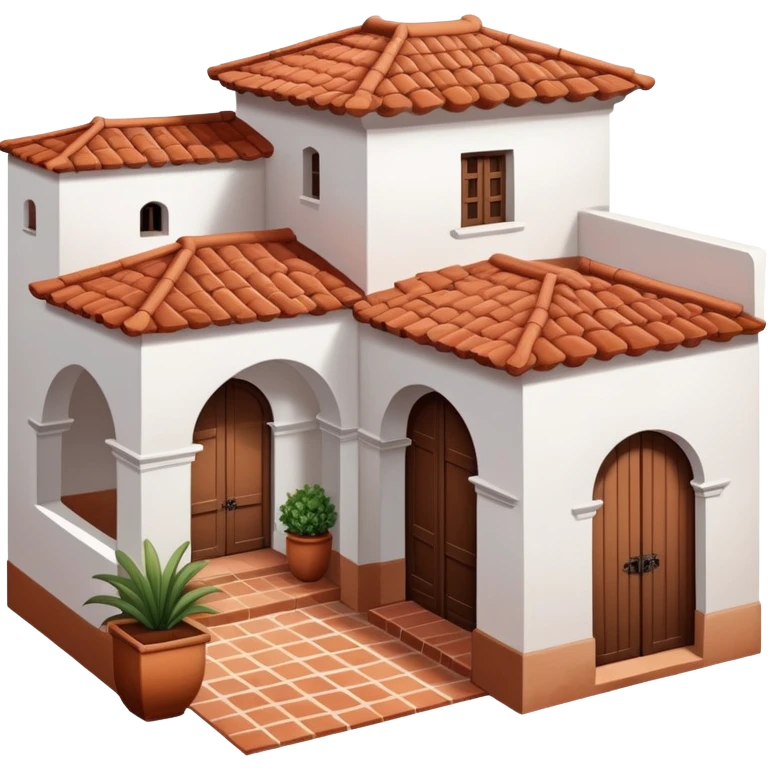 Traditional Spanish hacienda with white walls, terracotta roof, iron details, and small courtyard emoji