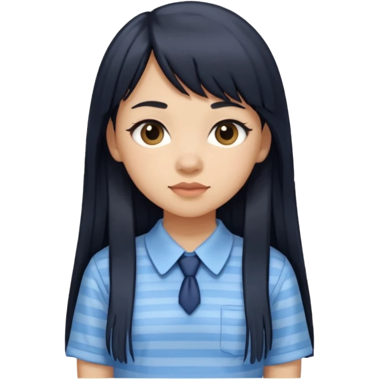 hair : black long hair with fringe 
skin : light 
cloth : light blue stripe shirt + navy long long school girl skirt



 emoji