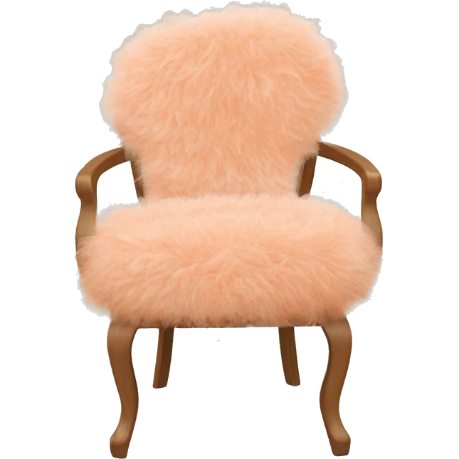 Chair with peach Mongolian curly fur seat with a vintage peach and white floral back and a natural wood frame emoji