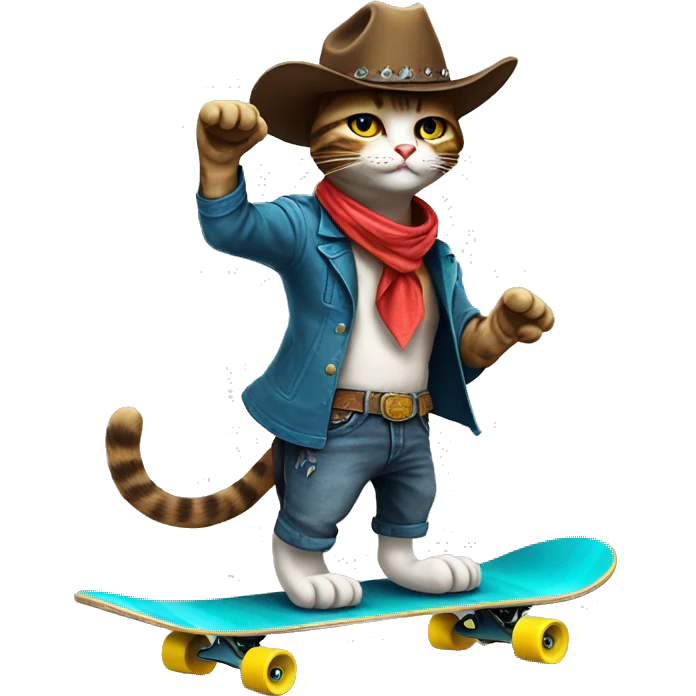 a cool cowboy cat on skateboard, lively emoji