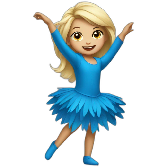 little blonde girl dancing in a blue bird costume emoji