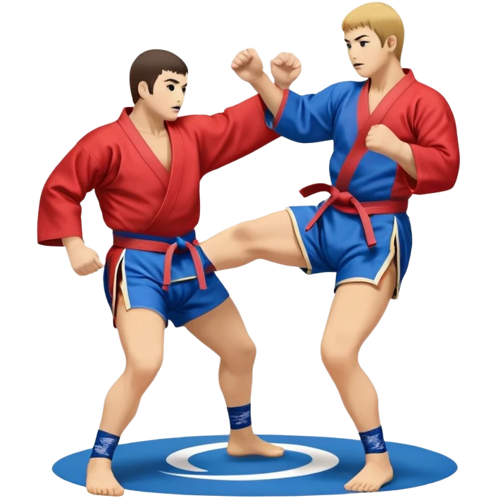 An icon symbolizing Sambo, featuring two fighters in blue and red kimonos with shorts and wrestling shoes. One executes a powerful throw, while the other attempts a defensive grab. The fighters are engaged in a grapple, using joint locks and sweeps.  emoji