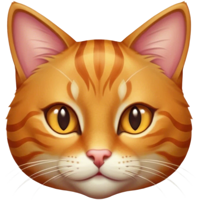 Cinematic Cute Ginger Tabby Cat Portrait Emoji, Head tilted playfully and inquisitively, sleek orange-brown fur with bold tabby stripes and a distinctive M-shaped marking on the forehead, sparkling amber eyes, Simplified yet irresistibly adorable features, highly detailed, glowing with a warm, friendly glow, high shine, affectionate and curious, stylized with a touch of whimsy, bright and endearing, soft glowing outline, capturing the essence of a mischievous yet loving kitten, so playful it feels like it could pounce out of the screen and into your arms! emoji