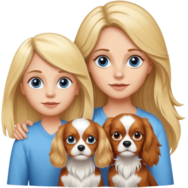 Blond Mom with a little blue eyed girl. The girl has long blonde hair. And with tricolora cavalier charles spaniel  emoji