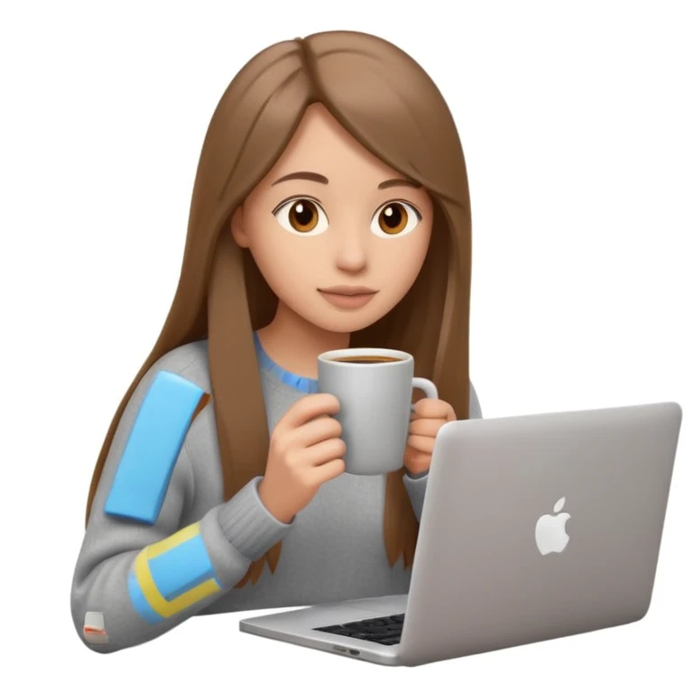 young woman 20 years old, long straight brown hair, wearing a sweater, drinking coffee and working on a laptop, 3D Apple emoji style, white background emoji