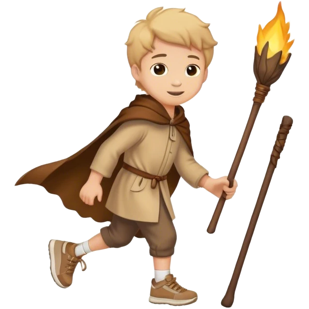 happy Boy walking with brown mantle and stick and sneakers emoji