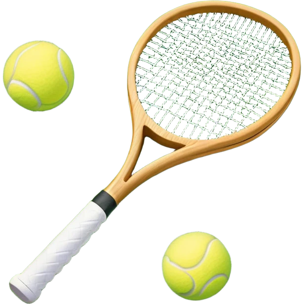 A detailed tennis racket resting on lush green grass beside a bright yellow tennis ball. The scene captures the essence of classic lawn tennis, with a crisp and clean background emphasizing the elegance and tradition of the sport emoji