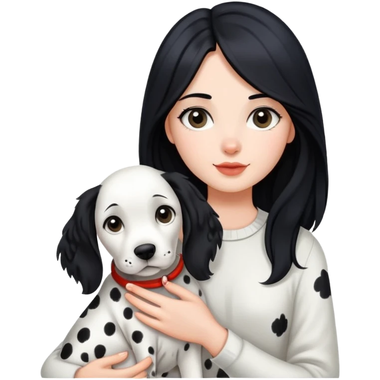 A girl with long black hair is holding a Dalmatian emoji