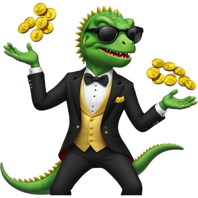 capitalist iguana banker in tuxedo and black sunglasses jongling with coins emoji