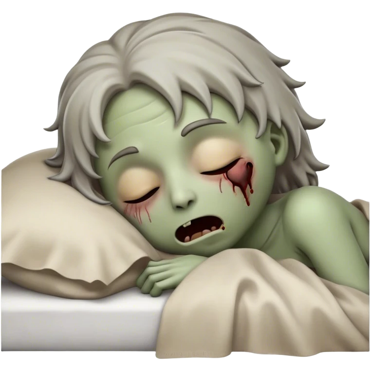 Meme-Worthy Cute Sleeping Zombie Portrait Emoji, with a delightfully quirky, slightly disheveled decaying face in soft ashen hues, head tilted back in peaceful, relaxed sleep with softly closed eyes and a tiny, endearing smile, simplified yet irresistibly charming, highly detailed with a soft eerie glowing outline that captures the gentle, unexpected cuteness of a zombie in serene repose! emoji