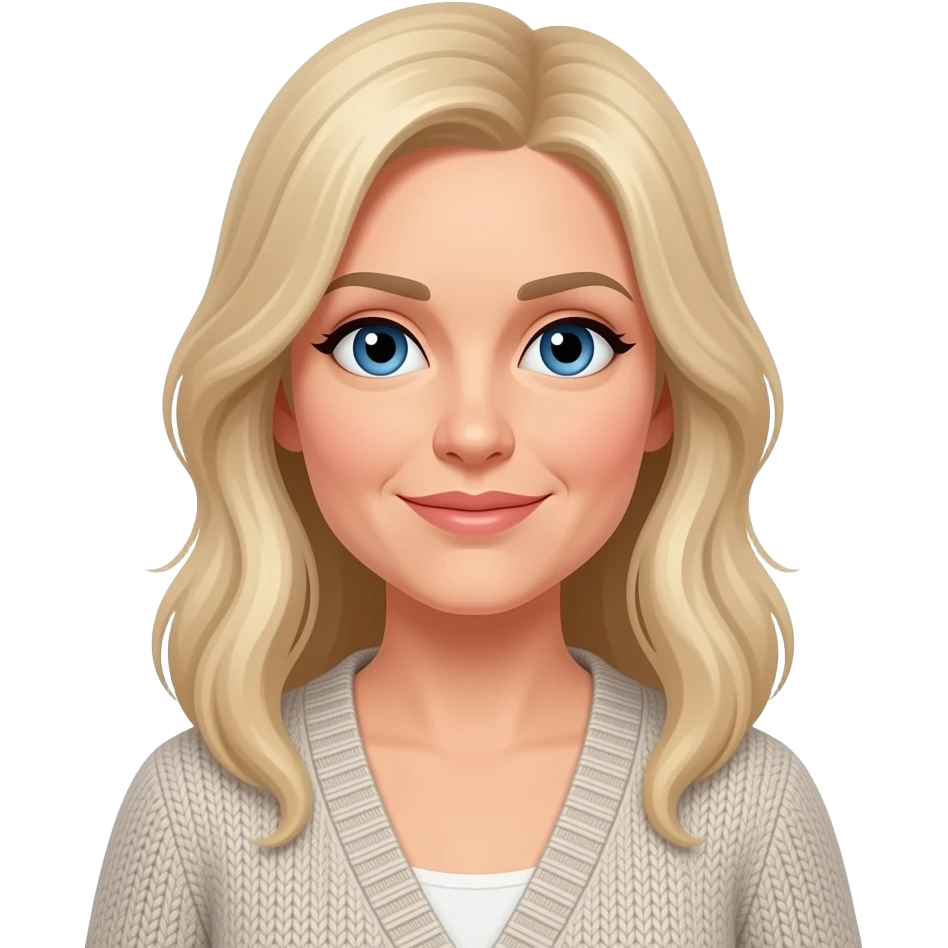 Blue eyes, fair skin, longer blonde hair, medium height, middle aged women, cardigan emoji