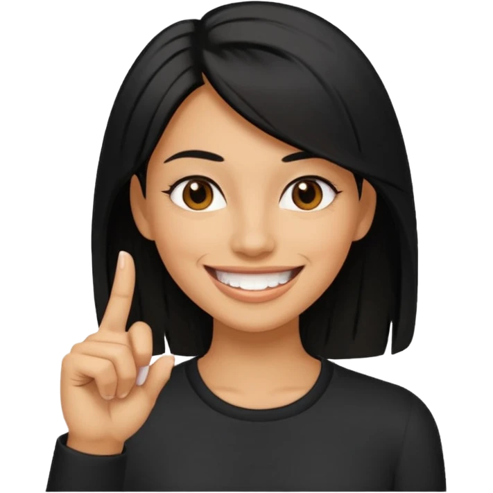 Haz una imagen de una mujer con cabello negro con cabello en capas , con una sonrisa en su cara y la punta de su dedo indice entre sus dientes emoji