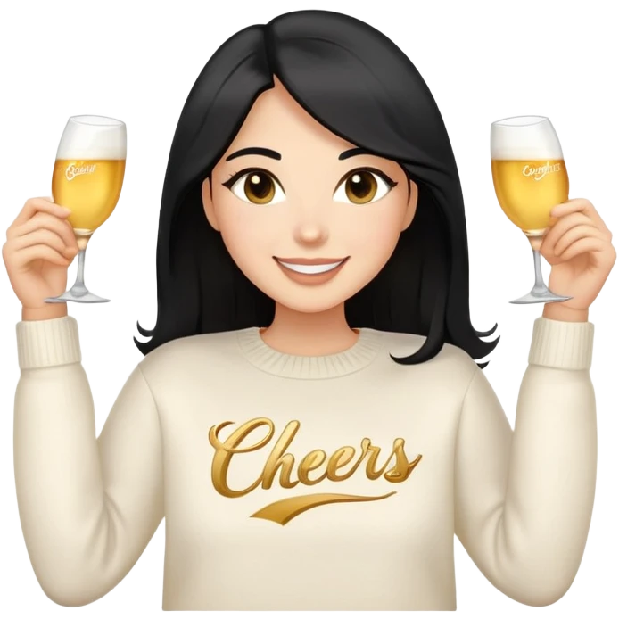 A woman with longer black hair, light to medium skin tone, full cheeks, and almond-shaped eyes, wearing a simple white sweater with the word 'cheers' in gold script, joyful and radiant expression, cheerful, emoji style, just her torso. emoji