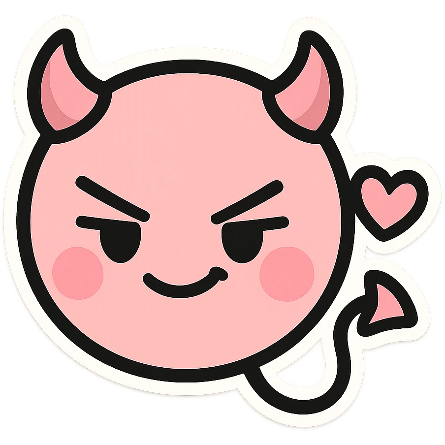 devil emoji in chibi style with pastel pink and black colors, tiny horns, cute but mischievous expression, heart motif emoji