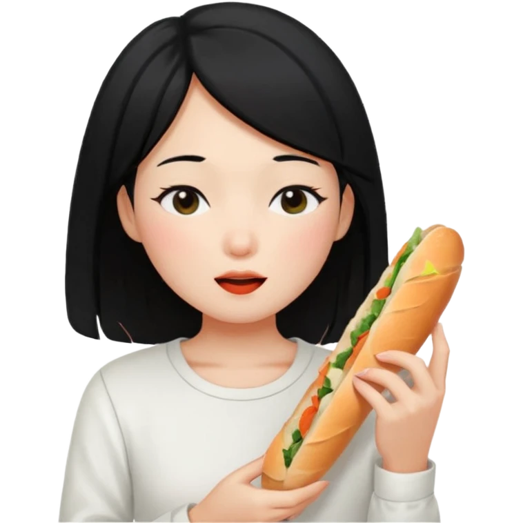 Girl black long hair eat kimchi close eyes baguette emoji