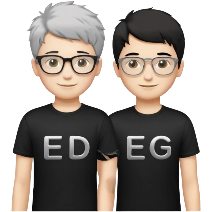 2 boys standing together. oner wearing black t-shirts with the letters 'EDG' fluffy short hair and silver rectangular glasses. the other one has black hair, smiled brightly, no glasses. the one who has no glasses is taller emoji